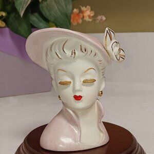 Irice Head Vase Lady with Pink Hat & Dress Trimmed in Gold - 4" Tall
